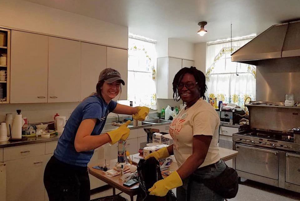Volunteers work in the kitchen at the Deo Gratias Café in the parish center at St. Jude Catholic Church, where Felician sisters hand out bags of food to up to 70 people a day. (Courtesy of the Felician Sisters)