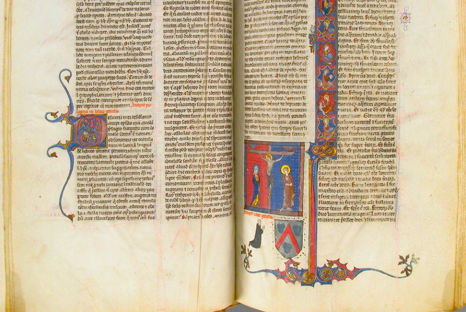 Detail of Bible made in Paris, France, around 1250 to 1275, of tempera and gold on parchment, bound in leather (Metropolitan Museum of Art) Detail of Bible made in Paris, France, around 1250 to 1275, of tempera and gold on parchment, bound in leather (Metropolitan Museum of Art)