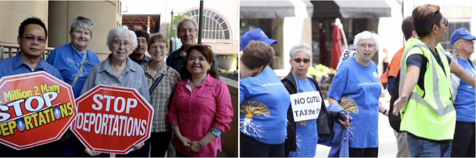 Left: Sr. Gwen Farry, a Sister of Charity of the Blessed Virgin Mary, center, holding a "Stop Deportations" sign, participates in a demonstration outside the Immigration and Customs Enforcement office in Chicago in 2015; Right: Farry, center, protests soc