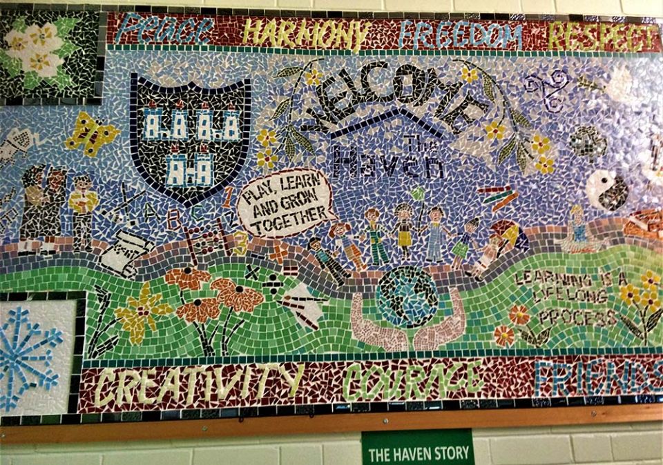 A mosaic of the history of the project in the entrance to the Haven Adult Education Centre in Dublin (Courtesy of Rita Wynne)