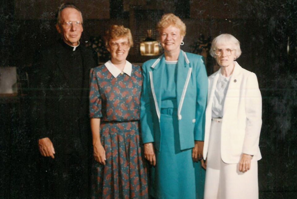 Sr. Jane Herb, second from left, celebrates the jubilee of her aunt, Sr. Jane Dickman of the Sisters of Charity of Nazareth, Kentucky (far right), with her uncle Fr. John Dickman and her mother, Martha Herb, in 1993. (Courtesy of Jane Herb)