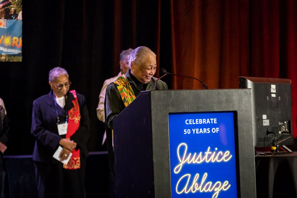 Sr. Josita Colbert, a Sister of Notre Dame de Namur and president of the National Black Sisters' Conference, accepts Network's inaugural Distinguished Justice-Seeker Award on behalf of the National Black Sisters' Conference.