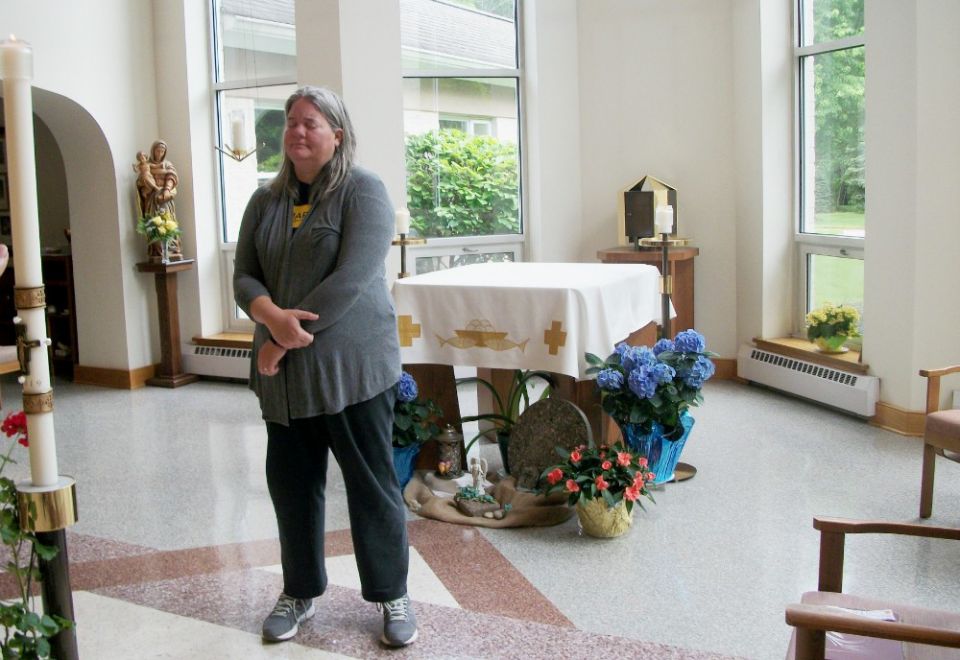 Julie McElmurry receives a blessing at the Poor Clare Monastery in Chesterfield, New Jersey, on her last day filming there in May 2019. (Courtesy of Julie McElmurry) Julie McElmurry receives a blessing at the Poor Clare Monastery in Chesterfield, New Jersey, on her last day filming there in May 2019. (Courtesy of Julie McElmurry)