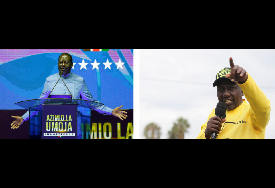 Former Kenyan Prime Minister Raila Odinga and current Deputy President William Ruto, candidates for the Kenyan presidential elections, are pictured in a combination photo. (CNS photos/Reuters/Monicah Mwangi and Baz Ratner)