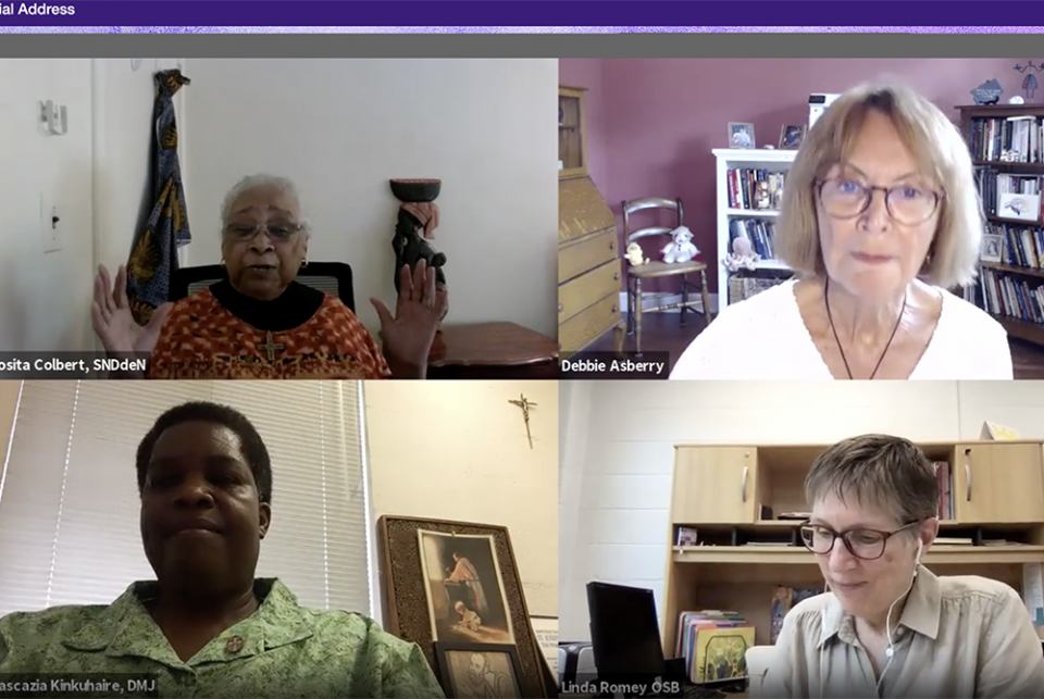 Clockwise from top left: Notre Dame de Namur Sr. Josita Colbert, facilitator Debbie Asberry, Benedictine Sr. Linda Romey, and Sr. Pascazia Kinkuhaire of the Daughters of Mary and Joseph take part in an online conversation. (GSR screenshot)