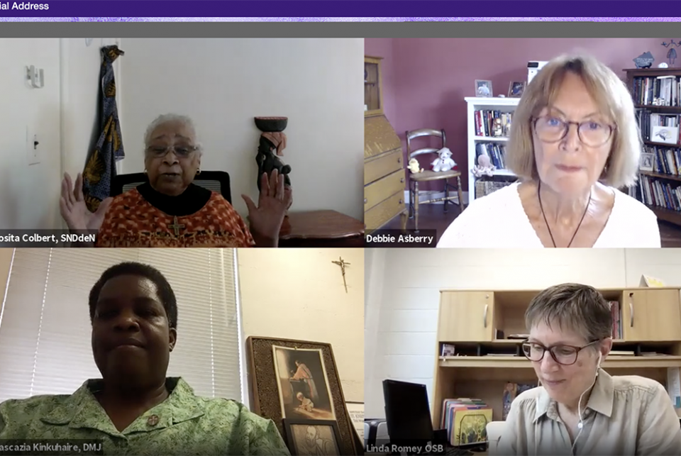 LCWR 2021 Elise Garcia discussion Clockwise from top left: Notre Dame de Namur Sr. Josita Colbert, facilitator Debbie Asberry, Benedictine Sr. Linda Romey, and Sr. Pascazia Kinkuhaire of the Daughters of Mary and Joseph take part in an online conversation. (GSR screenshot)