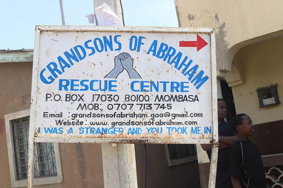 A signpost marks the Grandsons of Abraham Rescue Centre in Mombasa, a coastal city in southeastern Kenya along the Indian Ocean.
