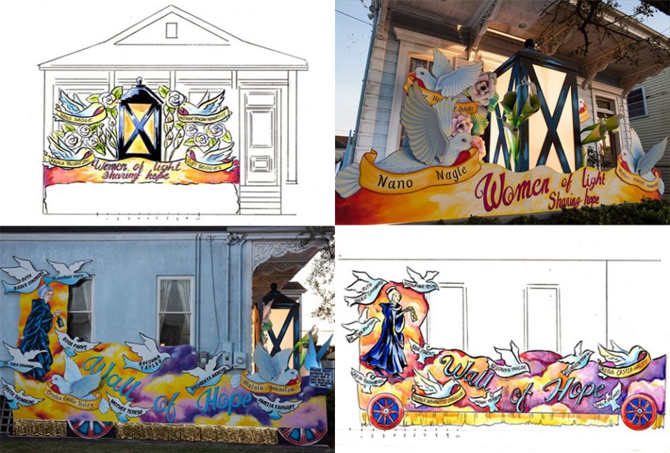 Artist's renditions of what Presentation Srs. Mary Lou Specha and Julie Marsh's New Orleans house would look like after decoration for Mardi Gras, and photos of the completed "parade float" (Courtesy of Sr. Mary Lou Specha) Artist's renditions of what Presentation Srs. Mary Lou Specha and Julie Marsh's New Orleans house would look like after decoration for Mardi Gras, and photos of the completed "parade float" (Courtesy of Sr. Mary Lou Specha)