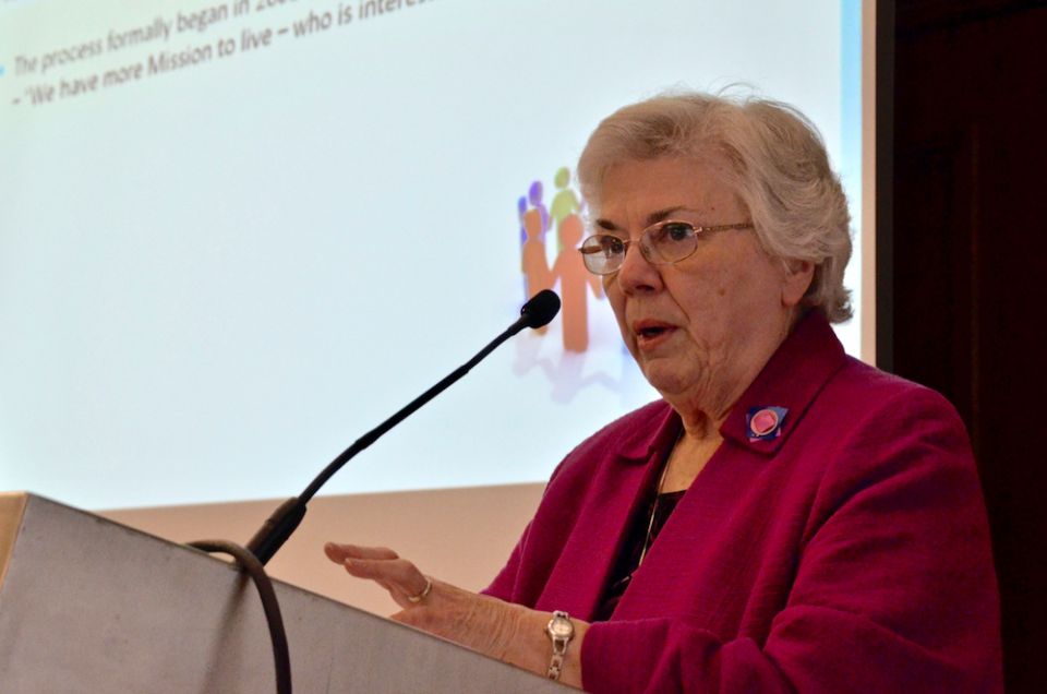 Sr. Marguerite O'Brien speaks Nov. 2, 2017, to the Resource Center for Religious Institutes' annual conference in St. Louis, Missouri, about merging seven congregations of St. Joseph Sisters into a new community, the Congregation of St. Joseph. (GSR photo Sr. Marguerite O'Brien speaks Nov. 2, 2017, to the Resource Center for Religious Institutes' annual conference in St. Louis, Missouri, about merging seven congregations of St. Joseph Sisters into a new community, the Congregation of St. Joseph. (GSR photo