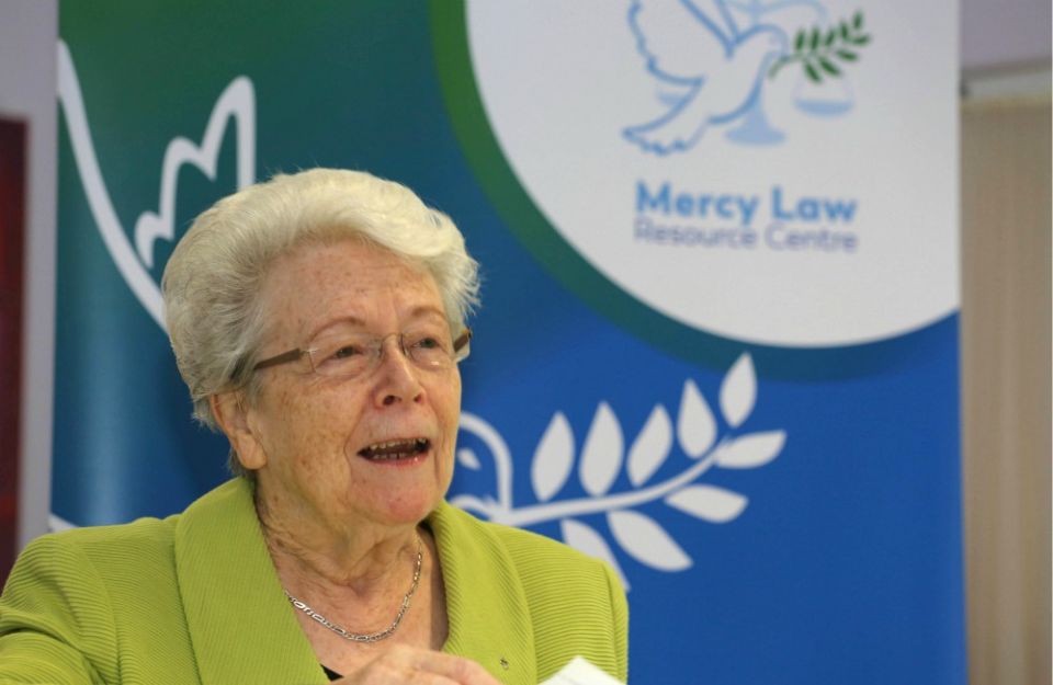 Mercy Sr. Helena O'Donoghue, chairperson of the Mercy Law Resource Centre, speaks at a September 2019 event marking the center's 10th anniversary (MLRC/David Speirs) Mercy Sr. Helena O'Donoghue, chairperson of the Mercy Law Resource Centre, speaks at a September 2019 event marking the center's 10th anniversary (MLRC/David Speirs)