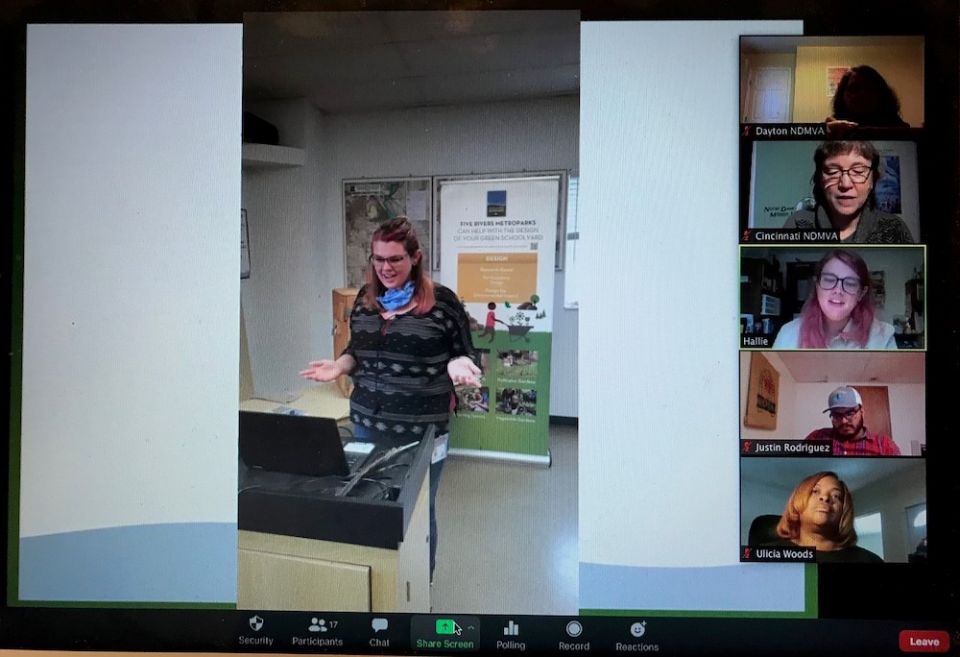 Notre Dame Mission Volunteers-AmeriCorps members Hallie Hayden, center, discusses her role as a naturalist assistant and green schoolyards assistant with other team members through a Zoom call. Notre Dame Mission Volunteers-AmeriCorps members Hallie Hayden, center, discusses her role as a naturalist assistant and green schoolyards assistant with other team members through a Zoom call.
