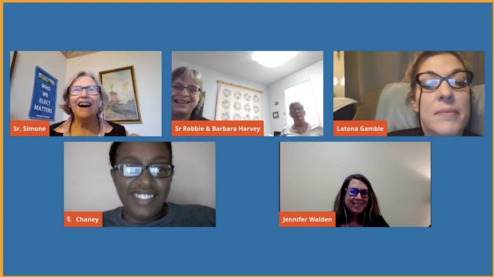 Social Service Sr. Simone Campbell of Network, top left, during a virtual Nuns on the Bus visit with the New Opportunity School for Women in Berea, Kentucky (GSR screenshot) Social Service Sr. Simone Campbell of Network, top left, during a virtual Nuns on the Bus visit with the New Opportunity School for Women in Berea, Kentucky (GSR screenshot)