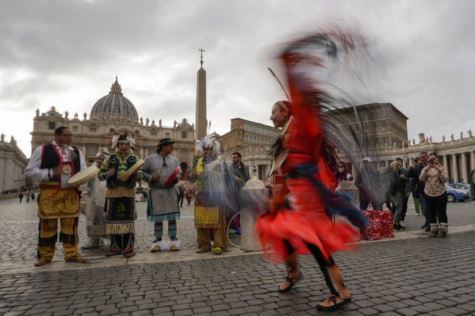Members of the Assembly of First Nations perform March 31 in St. Peter's Square at the Vatican