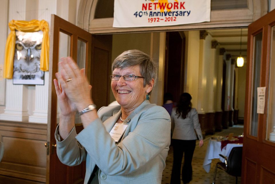 Social Service Sr. Simone Campbell, executive director of Network, applauds during the group's 40th anniversary celebration April 14, 2012, at Trinity Washington University. (CNS/Nancy Phelan Wiechec)