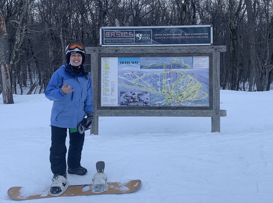 This is me on top of the mountain, about to snowboard on an intermediate slope. I didn't do any black diamonds, but I feel confident that I can try to do one next time. (Provided photo) This is me on top of the mountain, about to snowboard on an intermediate slope. I didn't do any black diamonds, but I feel confident that I can try to do one next time. (Provided photo)