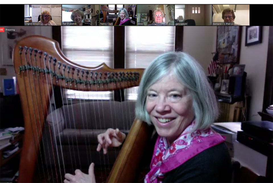 Nancy Bick Clark, an associate with the Sisters of Charity of Cincinnati, Ohio, plays the harp during a Zoom commitment ceremony in March 2020 for new associate Jean Simpson. (Courtesy of the Sisters of Charity of Cincinnati) Nancy Bick Clark, an associate with the Sisters of Charity of Cincinnati, Ohio, plays the harp during a Zoom commitment ceremony in March 2020 for new associate Jean Simpson. (Courtesy of the Sisters of Charity of Cincinnati)