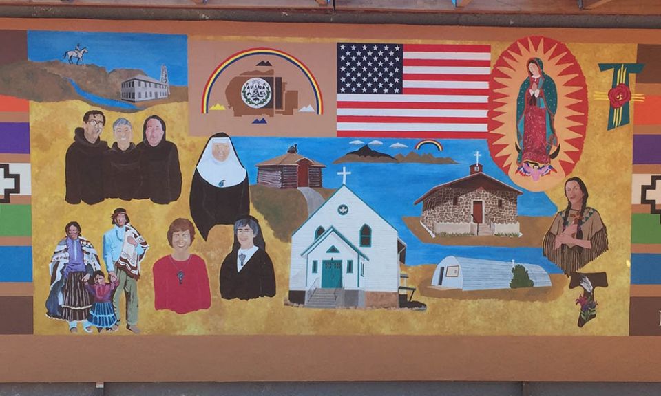 Mural painted by Chriss Murphy for St. Mary Mission’s 100th anniversary. Sr. Patricia Bietsch is seen wearing a red shirt in the lower left. (Courtesy of Sisters of St. Francis, Oldenburg, Indiana) Mural painted by Chriss Murphy for St. Mary Mission’s 100th anniversary. Sr. Patricia Bietsch is seen wearing a red shirt in the lower left. (Courtesy of Sisters of St. Francis, Oldenburg, Indiana)