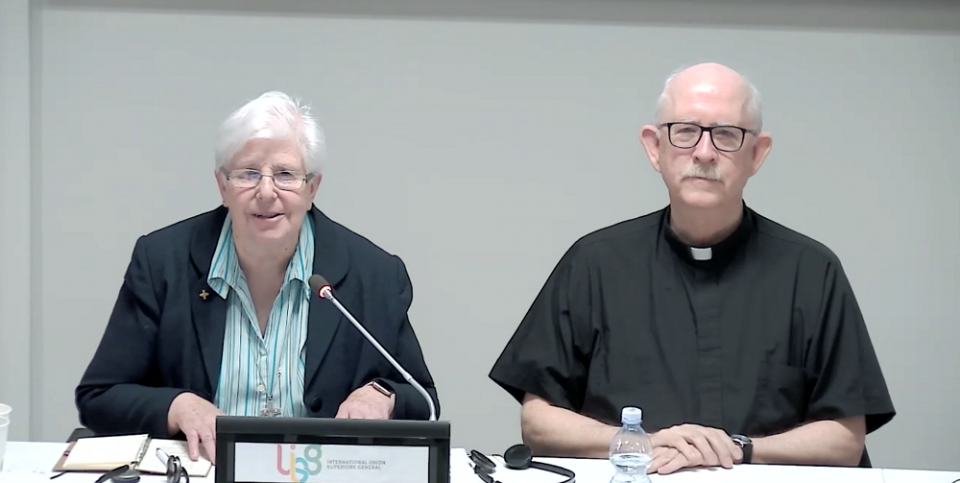 Sr. Pat Murray, executive secretary of the International Union of Superiors General, and Jesuit Fr. Thomas Gaunt, director of the Center for Applied Research in the Apostolate at Georgetown University, speak May 9 during a presentation announcing the laun