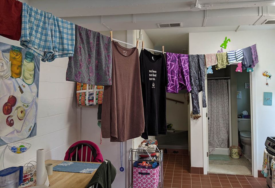 Line-drying clothes is one thing Julia does to live more sustainably and reduce her greenhouse gas emissions. Though not necessarily a high-impact climate activity, the practice of hanging, waiting and bringing down her clothes reminds her to live simply.