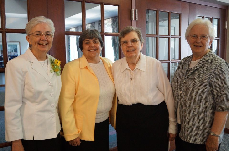 Springfield Dominican Sr. Rebecca Ann Gemma, second from left, with three prioress general predecessors in August 2019, from left: Sr. Rose Marie Riley, Sr. Mary Jean Traeger and Sr. Rose Miriam Schulte