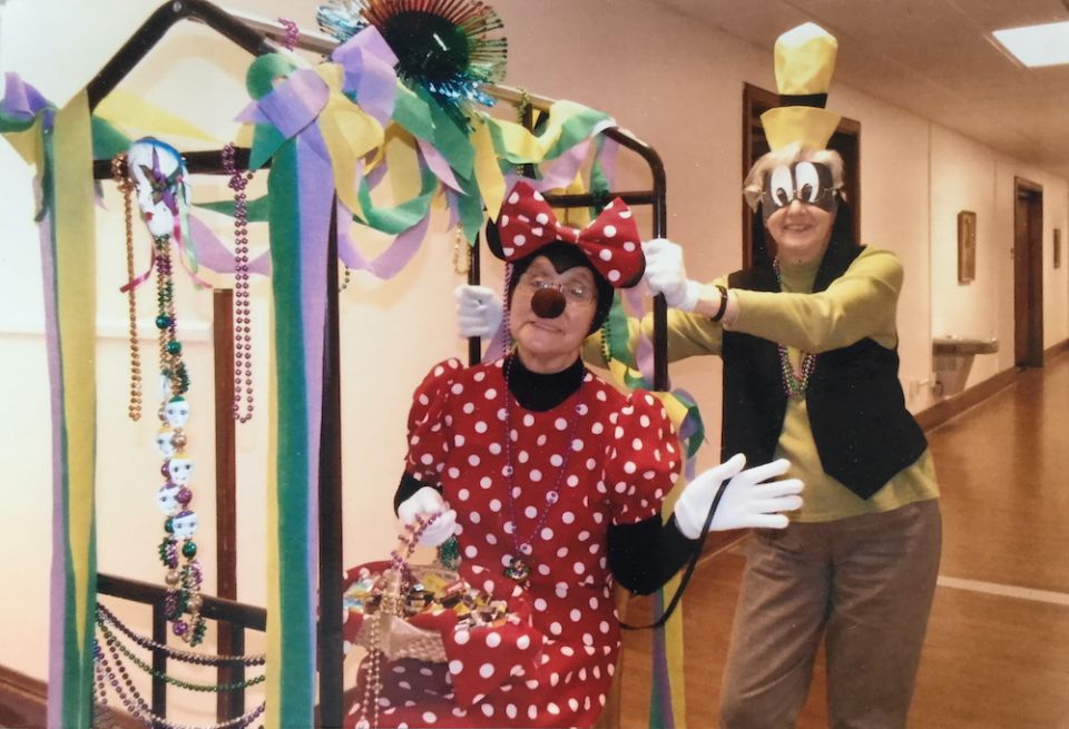 Sr. Regina Kabayama as Minnie Mouse and her dear friend Sr. Josephine Nieman as Goofy at a costume party (School Sisters of Notre Dame)