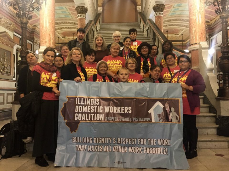 Sr. Rose Mary Meyer, top row center, poses with members of the Domestic Workers' Coalition at the Illinois capitol. (Courtesy of Sr. Rose Mary Meyer) Sr. Rose Mary Meyer, top row center, poses with members of the Domestic Workers' Coalition at the Illinois capitol. (Courtesy of Sr. Rose Mary Meyer)