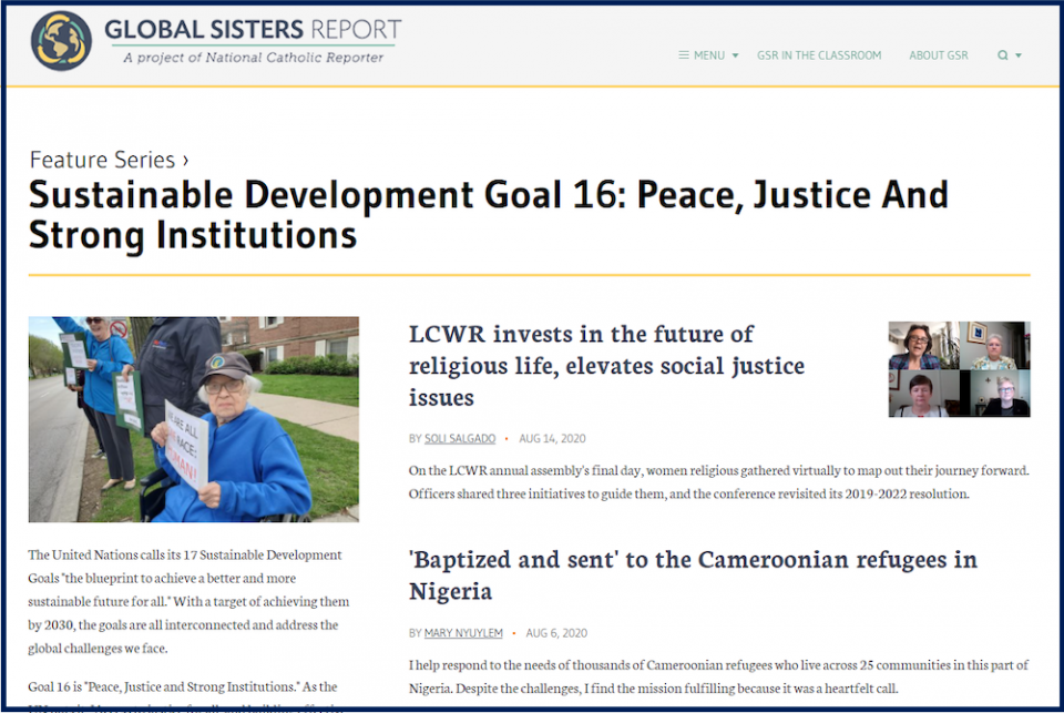 Global Sisters Report's new collection on the U.N. Sustainable Development Goals sorts news stories and sister columns into the goal that best fits the ministry in the story or column. (GSR screenshot) Global Sisters Report's new collection on the U.N. Sustainable Development Goals sorts news stories and sister columns into the goal that best fits the ministry in the story or column. (GSR screenshot)