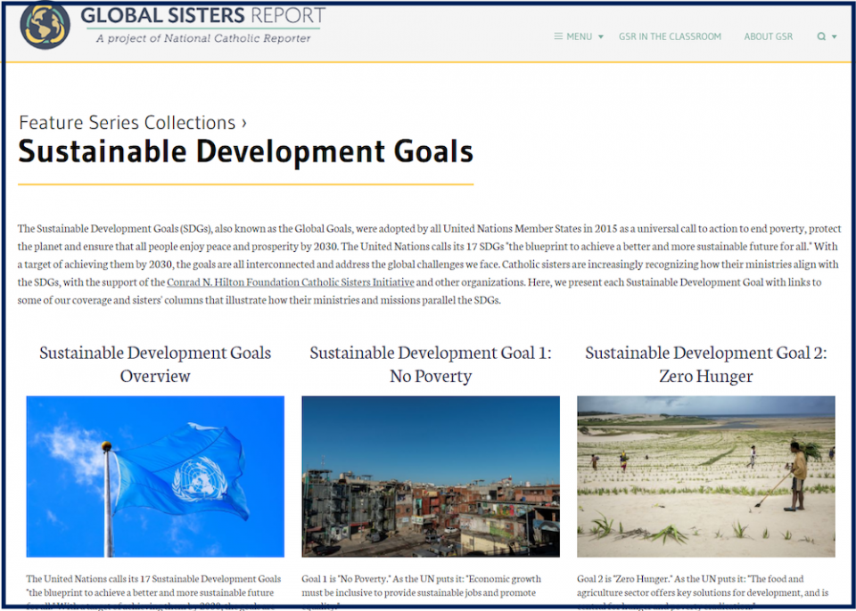  Global Sisters Report's new collection on the U.N. Sustainable Development Goals contains about 200 articles and columns. More will be added to the collection as new articles and columns are published. (GSR screenshot)