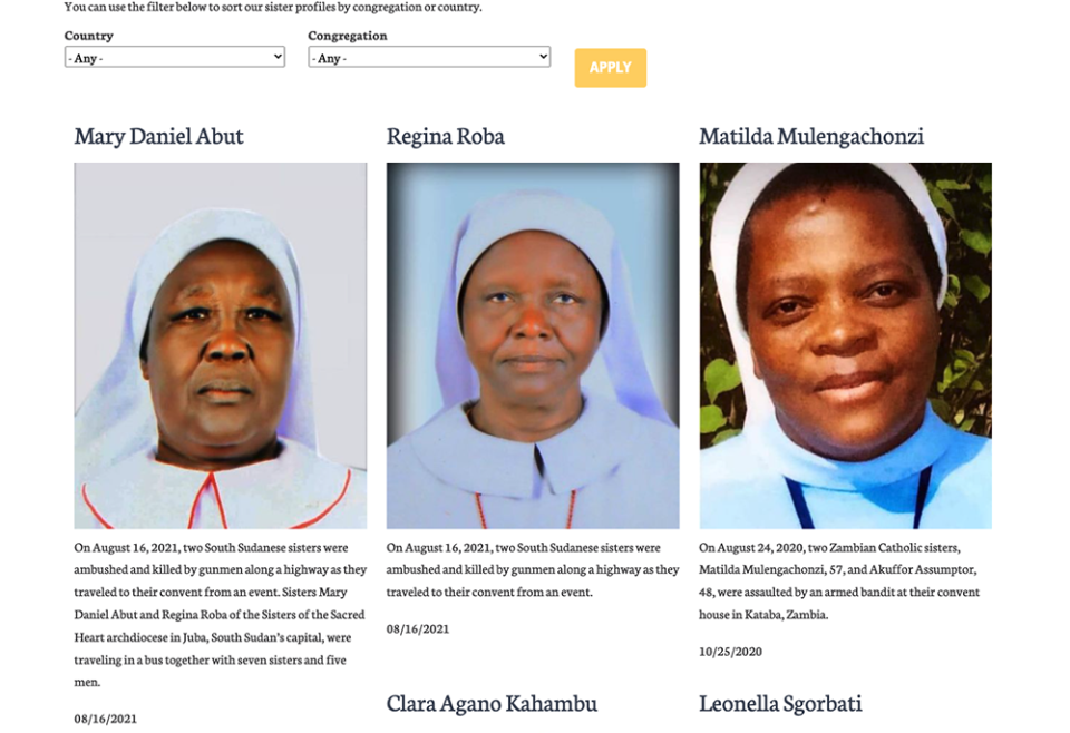 Screenshot of GSR's new special section "Women of Faith: Honoring Catholic Sisters Killed in Service in Africa"