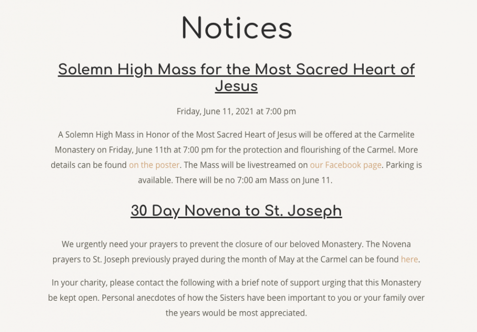 The Philadelphia Carmelites website asks for novenas to prevent the monastery's closure, and for supporters to write to the Philadelphia archbishop and the prefect for the Congregation for Institutes of Consecrated Life and Societies of Apostolic Life. (S The Philadelphia Carmelites website asks for novenas to prevent the monastery's closure, and for supporters to write to the Philadelphia archbishop and the prefect for the Congregation for Institutes of Consecrated Life and Societies of Apostolic Life. (S