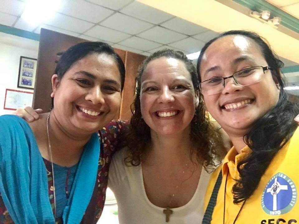 From left: Sr. Shital Parmar of India, Sr. Alison McCrary of the United States and Sr. Bernadette Mendez of the Philippines at the Sisters for Christian Community's 2019 international assembly in Manila, the Philippines, in January 2019. They are among th