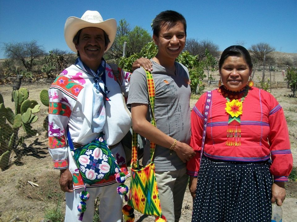 Joel, a Weavers of Hope grant student, with his parents, who are from the indigenous Huichol community in Jalisco, Mexico. His father, Armando, makes bead handicrafts. (Courtesy of Sr. Frances Smith)