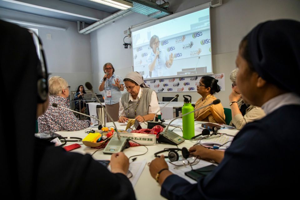 Comboni Missionary Sr. Gabriella Bottani, Talitha Kum's international coordinator, addresses sisters Sept. 21, 2019, the opening day of the organization's first general assembly in Rome. (Courtesy of Talitha Kum)