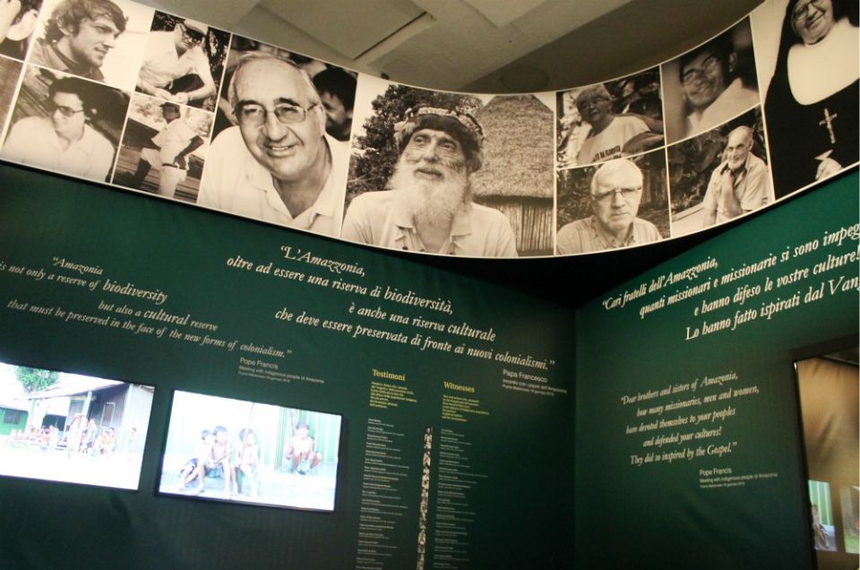 Sr. Dorothy Stang is pictured (top row, third from left) among the Catholic missionaries who have died in the Amazon region as part of a temporary exhibit in the Vatican Museums, "Mater Amazonia." (NCR photo/Brian Roewe)