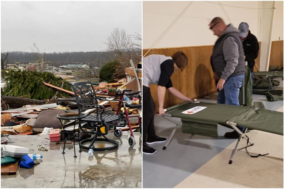Left: What is left of a home in Mayfield, Kentucky, after the tornado destroyed everything on Dec. 10, 2021; the rain then damaged what could have been salvaged. Right: The Red Cross sent 40 beds to set up on Dec. 11, 2021, for a temporary shelter.