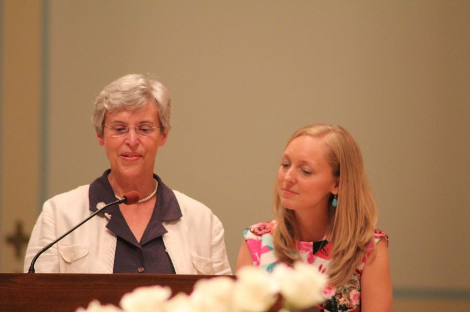 Sr. Tracy Kemme, right, and Sr. Joan Cook, president of the Sisters of Charity of Cincinnati, at Kemme's profession of first vows with the community June 27, 2015 (Courtesy of the Sisters of Charity of Cincinnati)