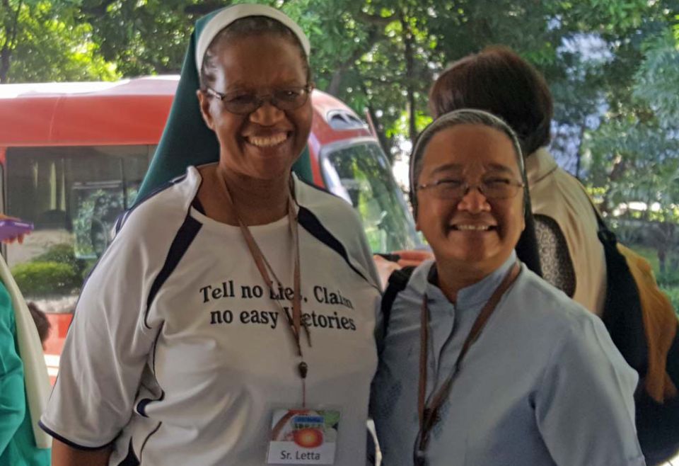 Sr. Letta Mosue, left, superior general of the Sisters of St. Brigid in South Africa, and Sr. Regina Kuizon, province leader of the Religious of the Good Shepherd of Philippines-Japan, are pictured in a 2017 photo in Manila. Mosue died July 19. (GSR)