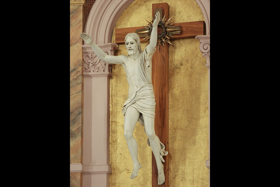A sculpture of the risen Jesus is pictured in the Church of the Immaculate Conception at St. Mary-of-the-Woods, Indiana. The author calls the work by Harry Breen "unlike any depiction of the Resurrection that I had ever seen." (Sue Paweski)