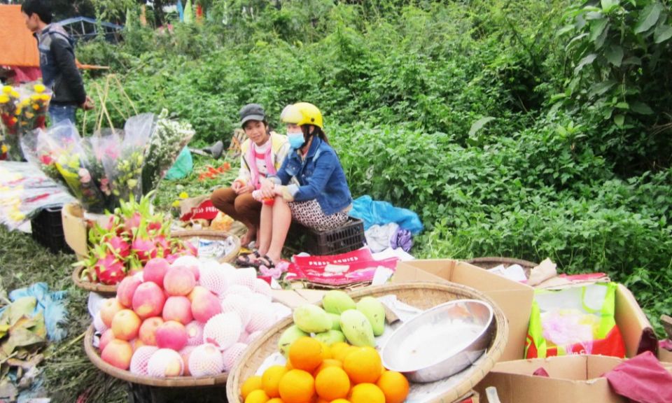 Nguyen Thi Tien, 15, left, sells fruit on a road near An Lo market in Thua Thien Hue Province. At a workshop run by the Filles de Marie Immaculée sisters in Hue City, Vietnam, Tien was trained in how to deal with abusive adult customers. (Joachim Pham)