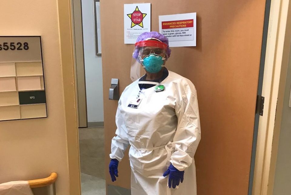 Sr. Vivien Echekwubelu, registered nurse and member of the Sisters of Notre Dame de Namur, in her protective gear on shift at a hospital in Baltimore, Maryland (Provided photo) Sr. Vivien Echekwubelu, registered nurse and member of the Sisters of Notre Dame de Namur, in her protective gear on shift at a hospital in Baltimore, Maryland (Provided photo)