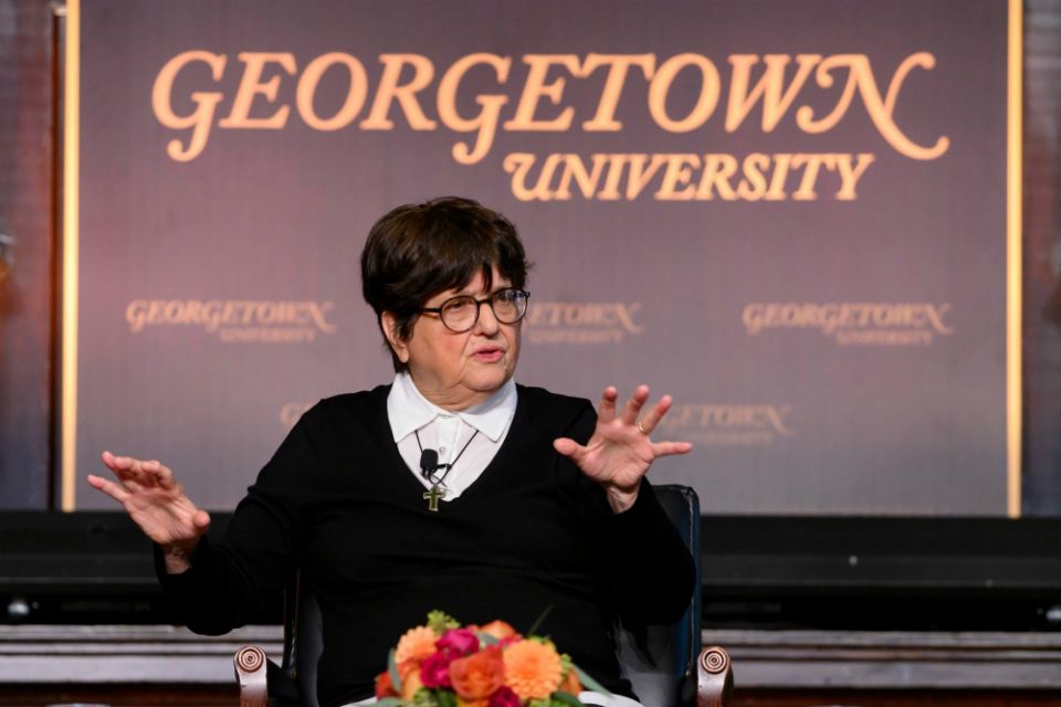 St. Joseph Sr. Helen Prejean responds to questions at Georgetown University in Washington, D.C., Sept. 16. (Georgetown University/Phil Humnicky) St. Joseph Sr. Helen Prejean responds to questions at Georgetown University in Washington, D.C., Sept. 16. (Georgetown University/Phil Humnicky)