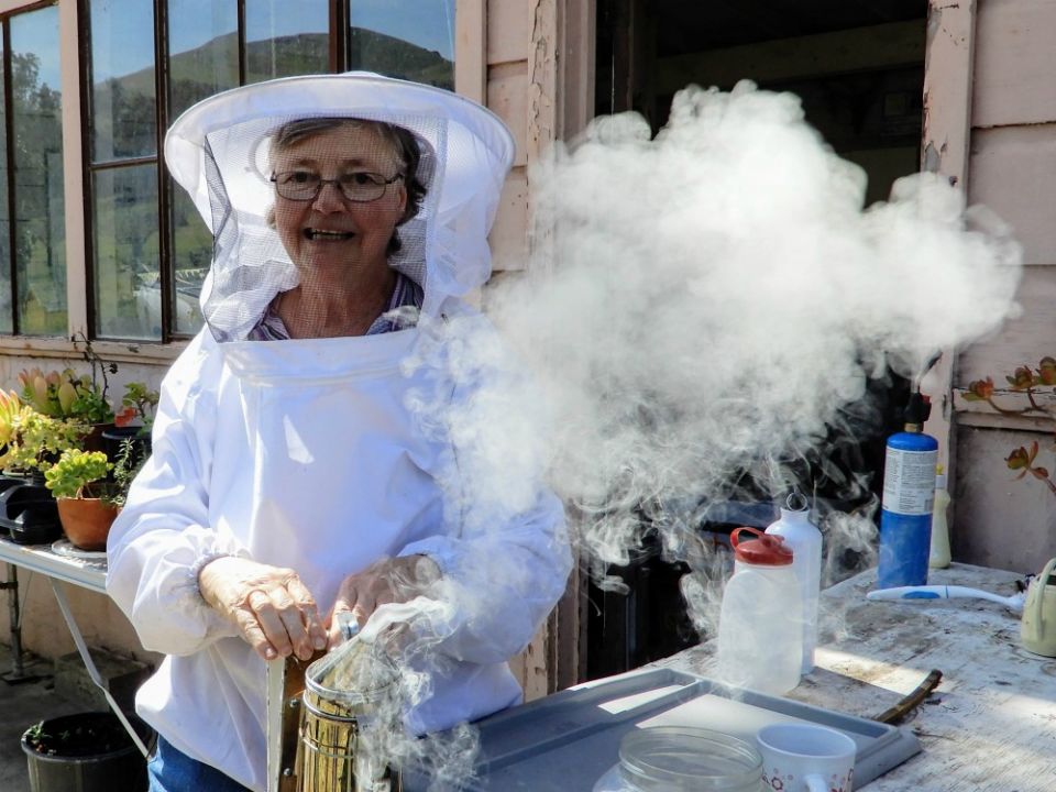 Sr. Barbara Hagel prepares the smoker, which calms the bees and allows beekeepers to safely access the hive. (Melanie Lidman)