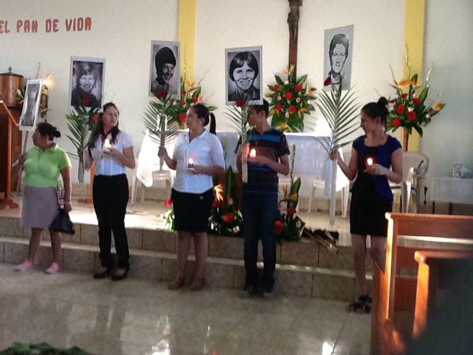 Prayer service in El Salvador village church in 2015 in honor of lay missioner Jean Donovan, Ursuline Sr. Dorothy Kazel, and Maryknoll Srs. Ita Ford and Maura Clarke (Janet M. Peterworth)