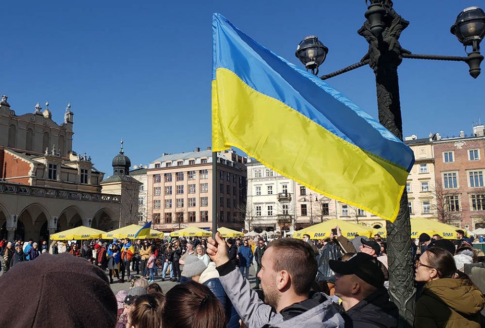 A rally held in the main square of Krakow, Poland, March 13 calls for a NATO-led "No-Fly Zone" over Ukraine. (GSR photo/Chris Herlinger)