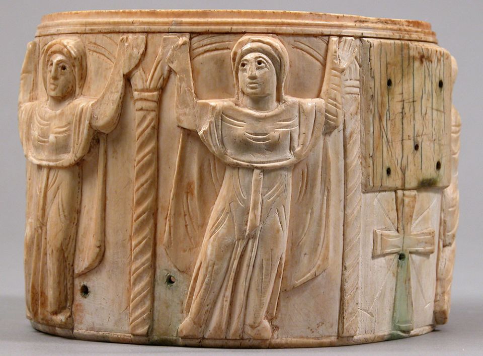A sixth-century Byzantine pyx in ivory depicts the women at Christ's tomb. (Metropolitan Museum of Art)