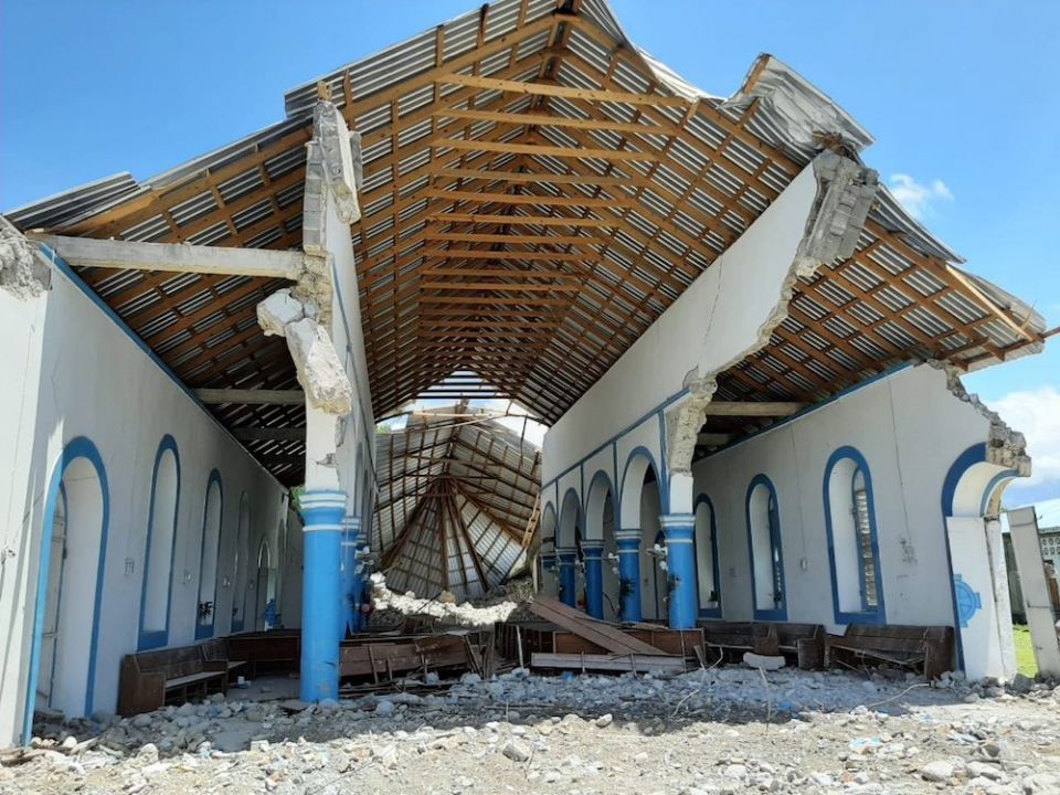At least 18 people were reported killed in Immaculate Conception Church in Les Anglais, Haiti, when the earthquake struck Aug. 14. The church, pictured here, was destroyed and others in the island nation were destroyed or severely damaged. (CNS photo/cour