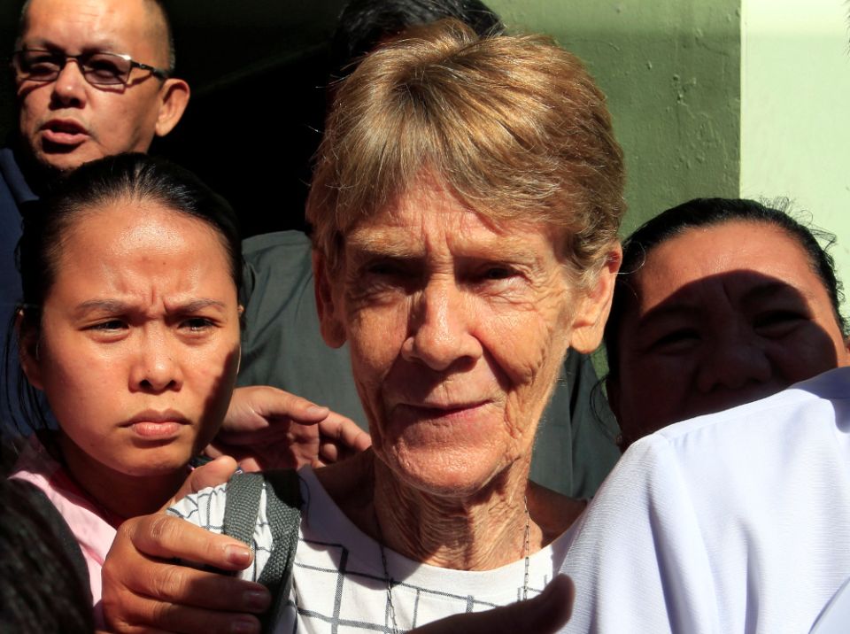 Sr. Patricia Fox, then-superior of the Sisters of Our Lady of Sion in the Philippines, speaks to the media after her April 17, 2018, release from the Bureau of Immigration headquarters in Manila. (CNS/Reuters/Romeo Ranoco)