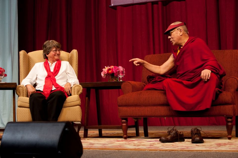 St. Joseph Sr. Helen Prejean spoke with His Holiness the Dalai Lama in a panel discussion that included Prof. Vincent Harding at the University of Arkansas, Fayetteville, May 11, 2011. (Courtesy of Ministry Against the Death Penalty)