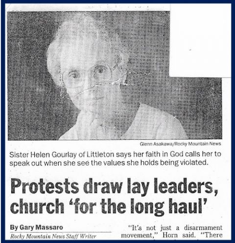 An article in the Rocky Mountain News from the early 1990s, profiling the arrest of Helen Gourlay, a Sister of Charity of the Blessed Virgin Mary, following her protest of nuclear testing. (Provided photo)