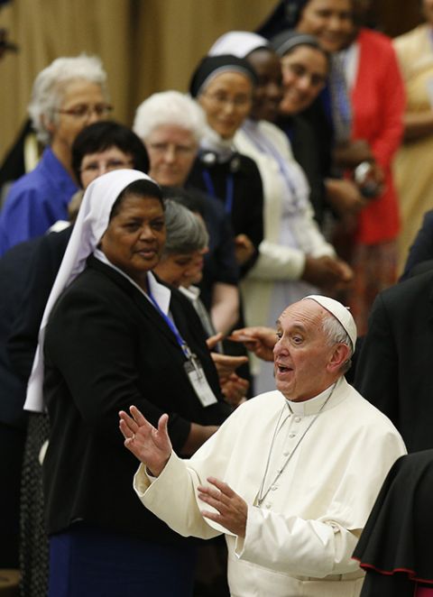 Pope Francis gestures during an audience with the members of the International Union of Superiors General in Paul VI hall at the Vatican May 12, 2016. (CNS/Paul Haring) Pope Francis gestures during an audience with the members of the International Union of Superiors General in Paul VI hall at the Vatican May 12, 2016. (CNS/Paul Haring)